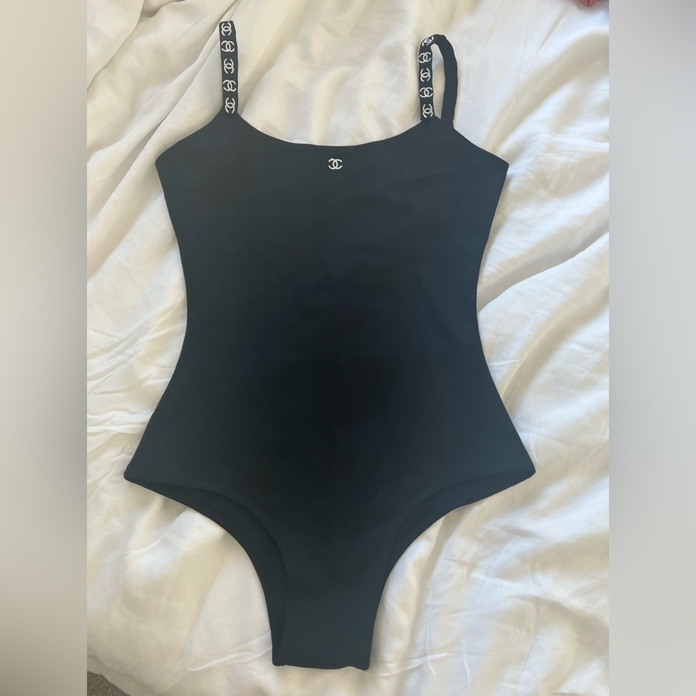 Vintage CHANEL boutique logo strap bodysuit in black